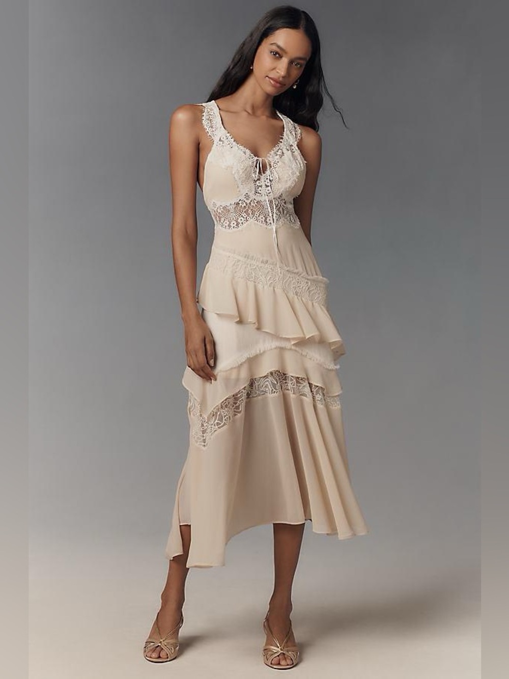 Anthropologie Lace Trim Tiered Midi Dress in Soft Beige